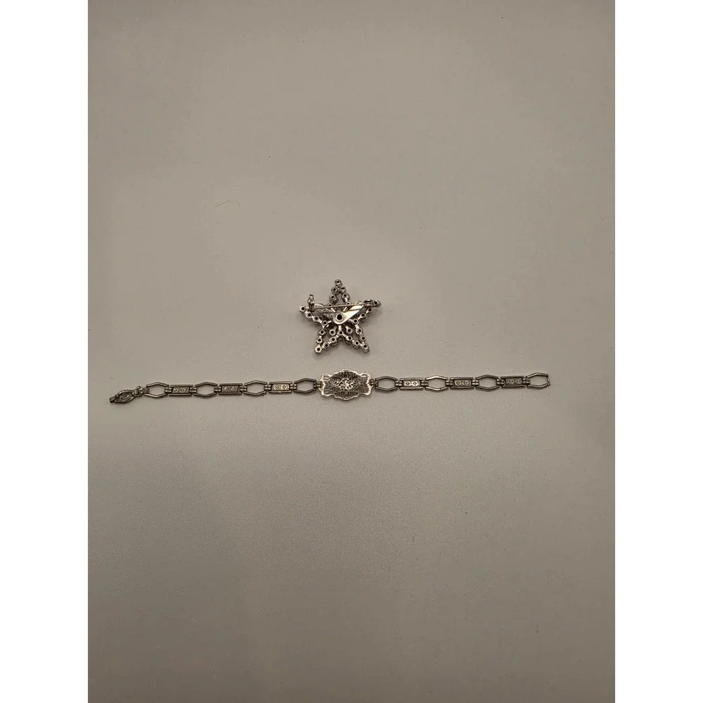 Vintage Order of the Eastern Star OES Rhinestone Star Brooch & Filigree Bracelet